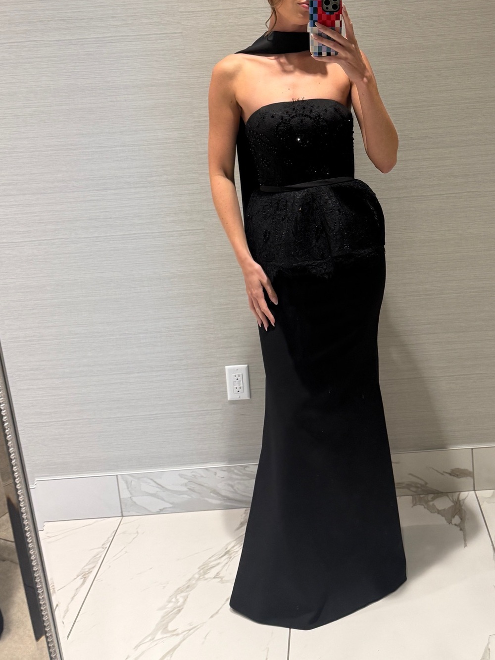 Sherri Hill Black Strapless Lace Peplum Maxi Dress